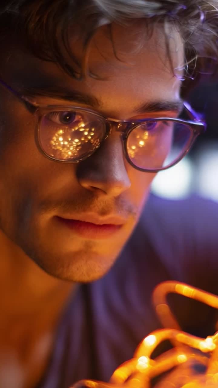 A Close-Up Portrait of a Young Man with Glasses, Illuminated by Beautiful Warm Lights in the Background, Capturing a Moment of Intense Focus and Reflection