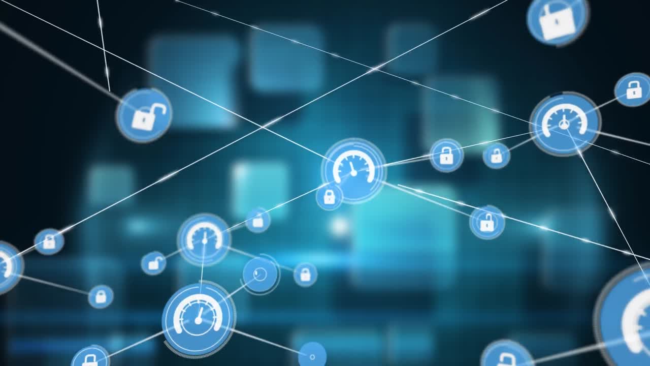 Animation of network of digital icons over blue square shapes against black background