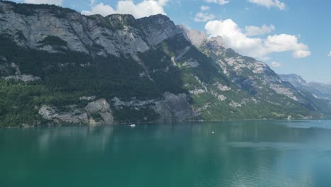 humbling experience of rocky mountain range covered with green vegetation overlooking switzerland lake