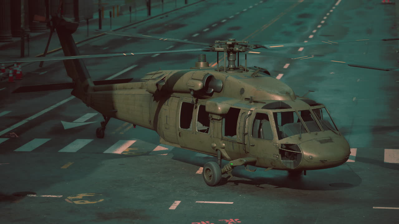 도시 거리에서 손상된 군사 헬리터