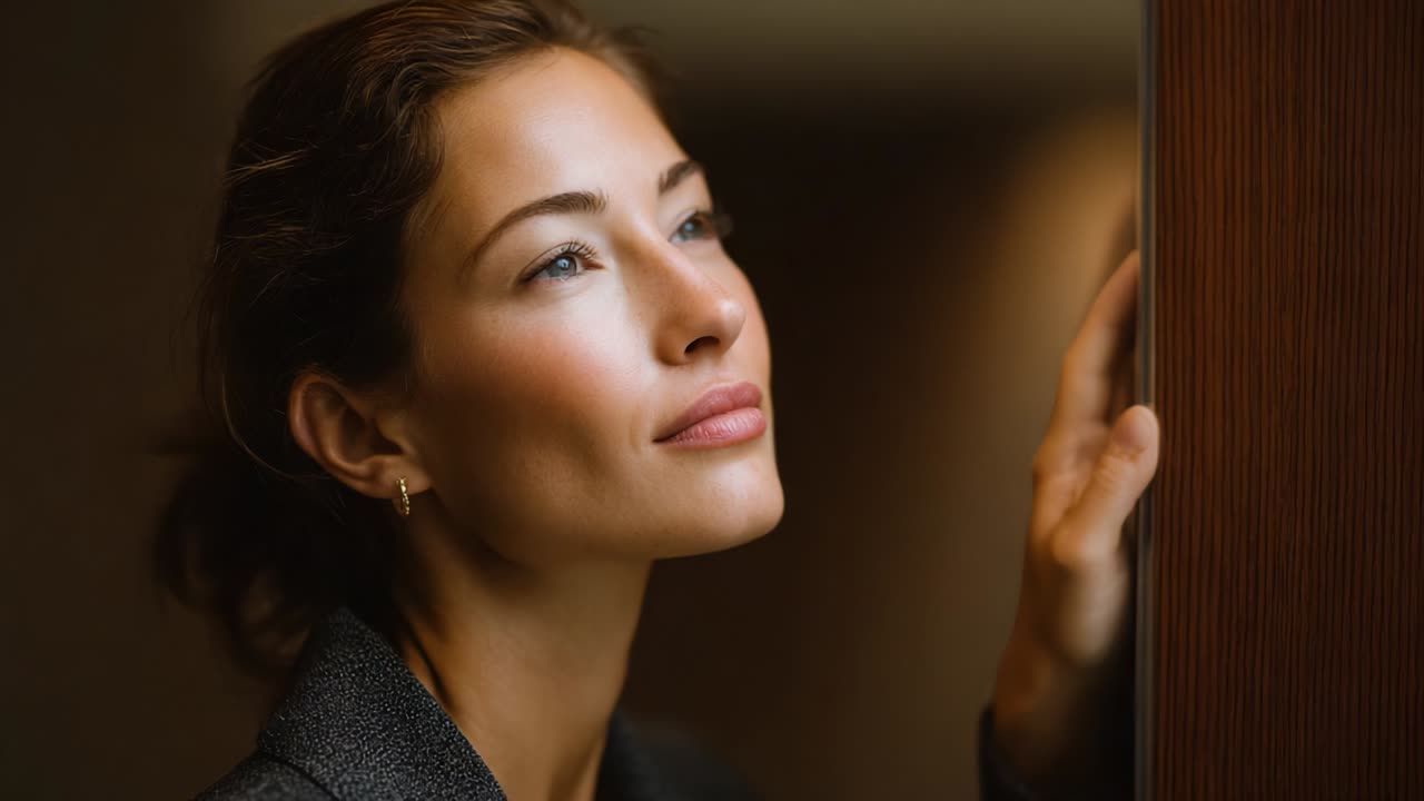 Una giovane donna guarda verso l'alto con un'espressione contemplativa, la sua mano appoggiata delicatamente su una superficie di legno, evocando sensazioni di riflessione, speranza e serenità in un interno illuminato delicatamente.
