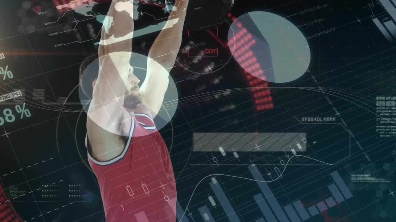 animación del procesamiento de datos sobre un hombre fuerte haciendo ejercicio con levantamiento de pesas