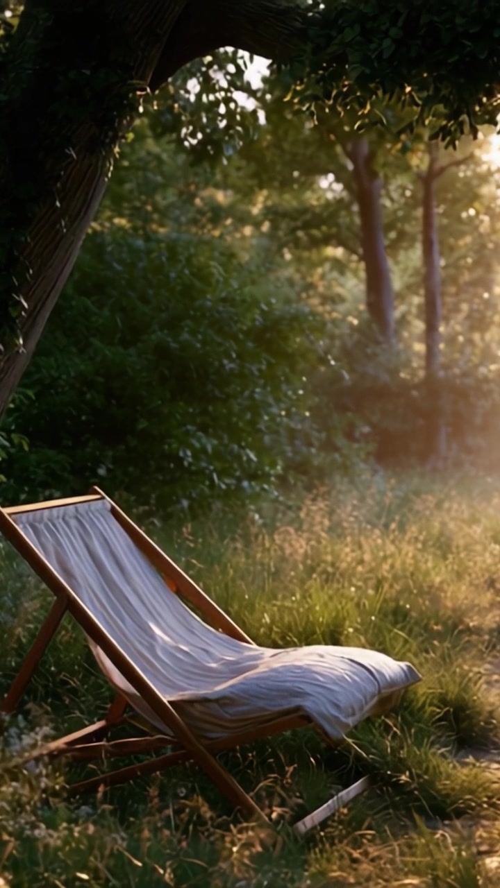 Une Retraite Sereine : Une Magnifique Chaise Longue en Bois Nichée dans une Verdure Luxuriante, Parfaite pour la Détente au Milieu du Calme Époustouflant de la Nature et de la Lumière Matinale