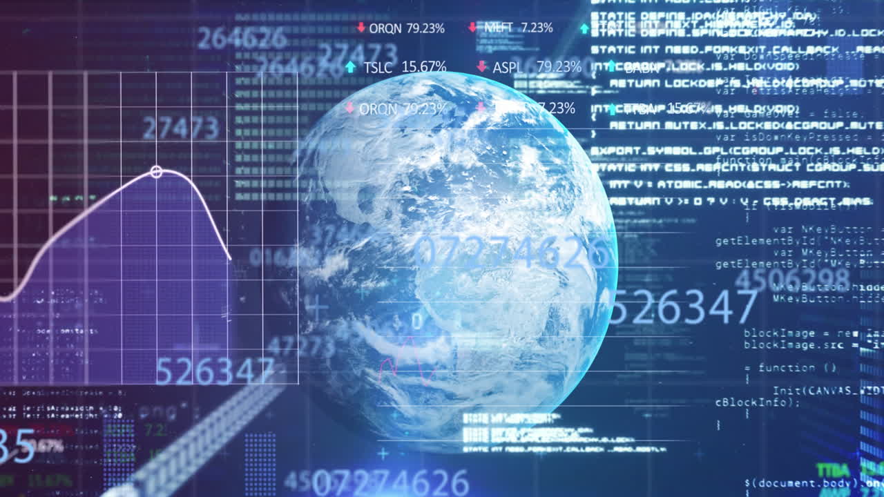 Data processing over spinning globe against blue background