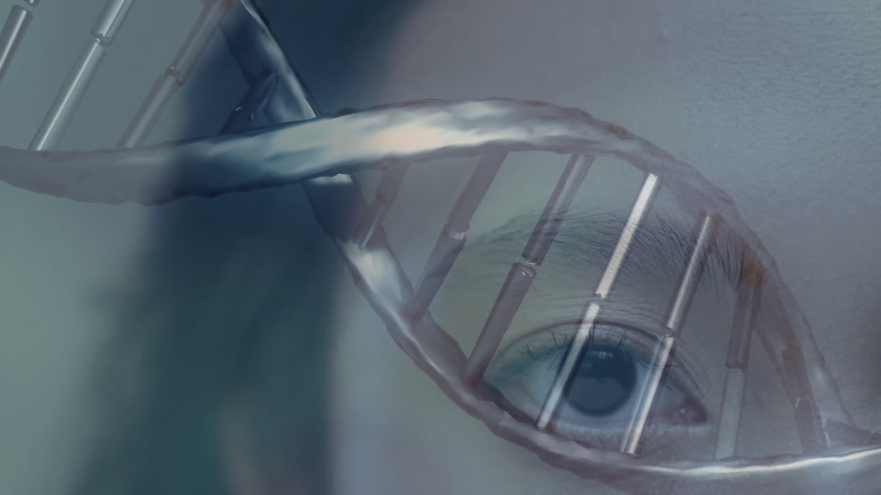 Animating DNA strand over close-up of human eye, focusing on genetics