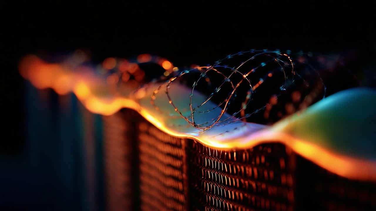 A Close-Up Perspective of Barbed Wire Glowing Under Soft Lights, Highlighting the Tension and Intricacies of Security Fencing in a Darkened Environment with Warm Ambiance