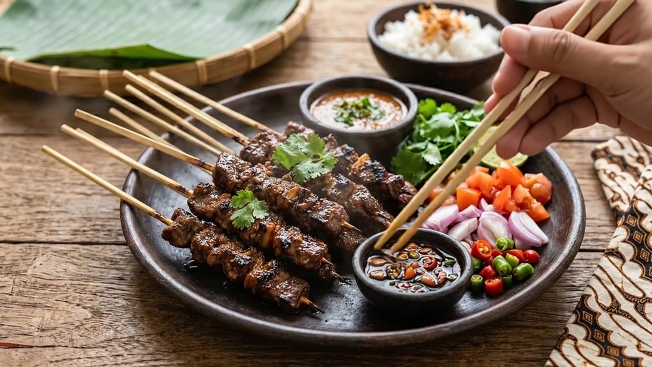 Herkullinen kuuma grillattu kanasatay-lautanen rustiikkisessa pöytäasetelmassa