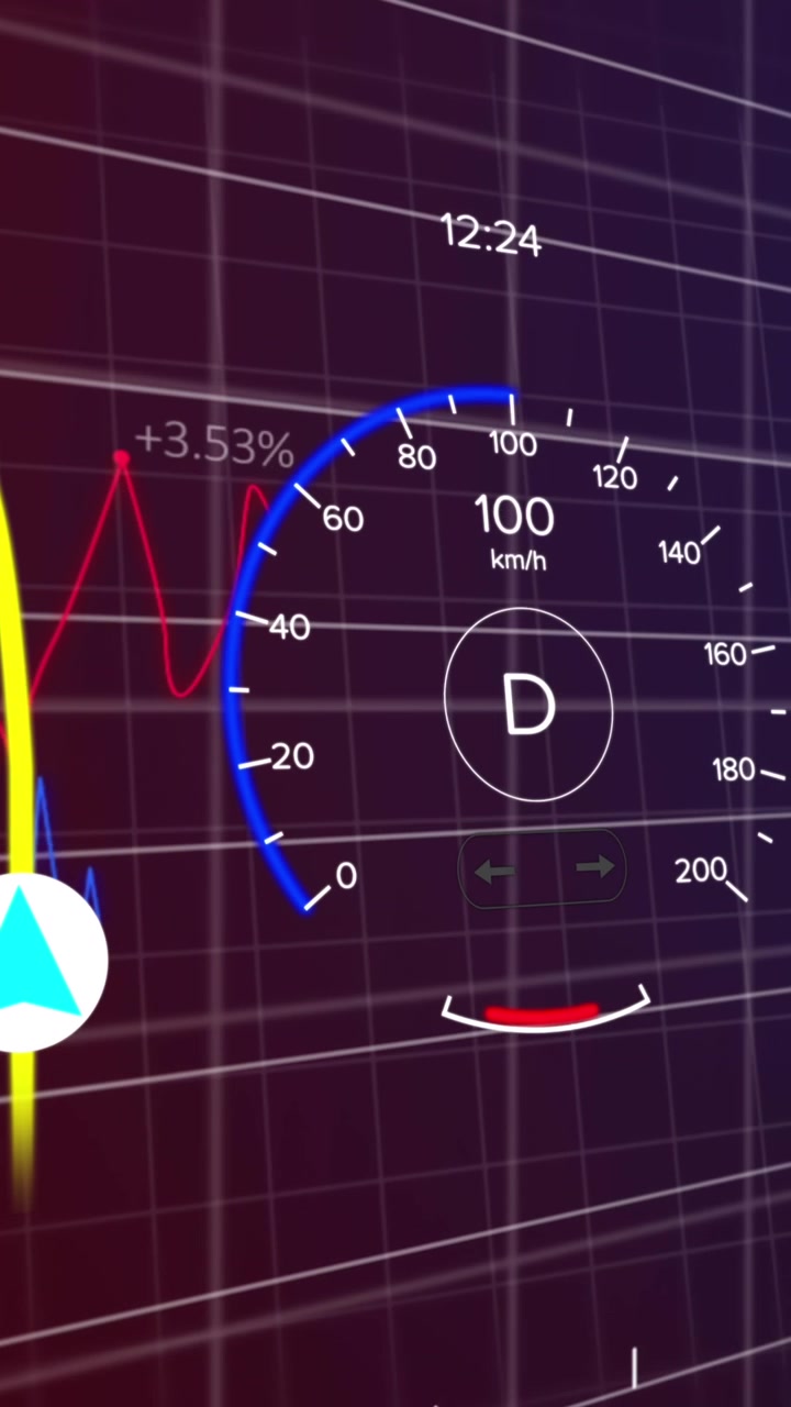 Animasi speedometer, indikator baterai, dan garis navigasi dengan grafik multiwarna