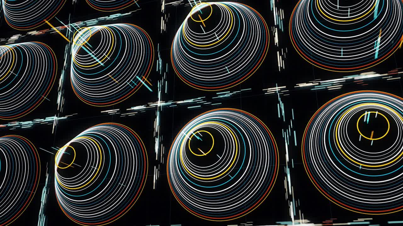 fondo futurista abstracto con pirámides esquemáticas brillantes de muchos círculos y rayos rectos de líneas que se mueven perpendicularmente en fondo negro. animación. anillos en fondo espacial, bucle sin costuras