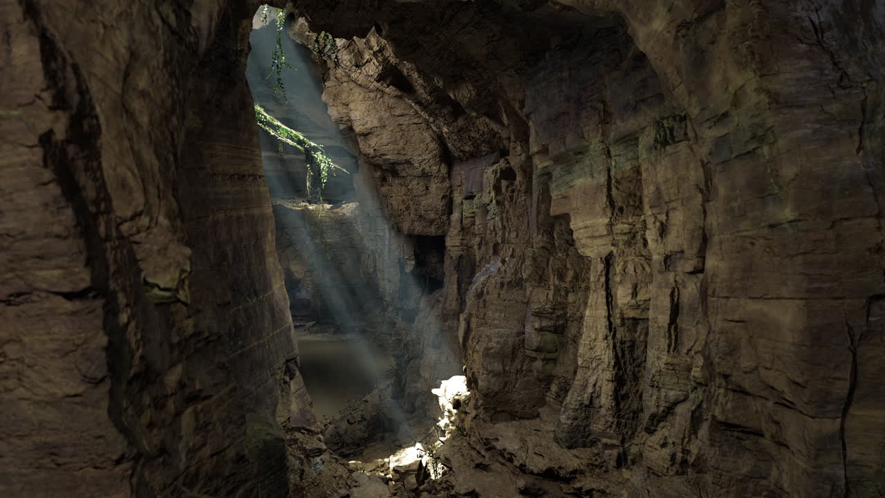 Natural light streams through a rocky cave creating a serene atmosphere
