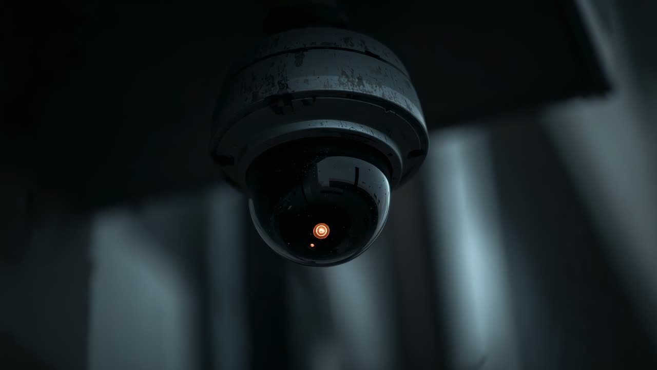 Showing ceiling dome camera rotating internal lens in warehouse bay, with orange indicator