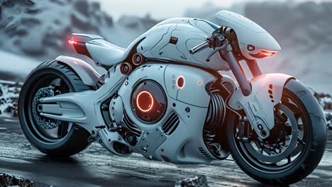 futuristic white concept motorcycle with red lights