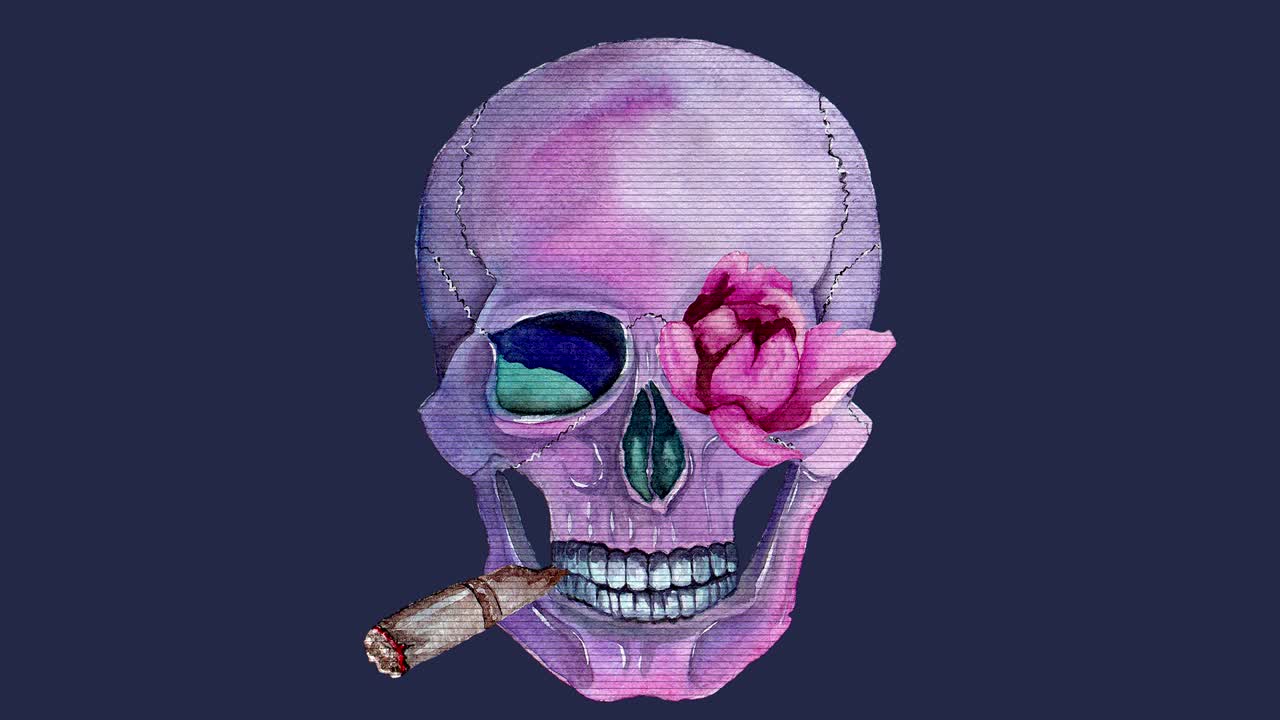 Halloween animation with watercolor skull, flowers, ornamental decor in vintage boho style. Animation of seamless loop.