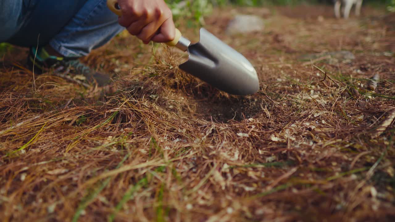 persona utiliza pala de mano de metal para cavar un agujero poco profundo en la tierra muy seca