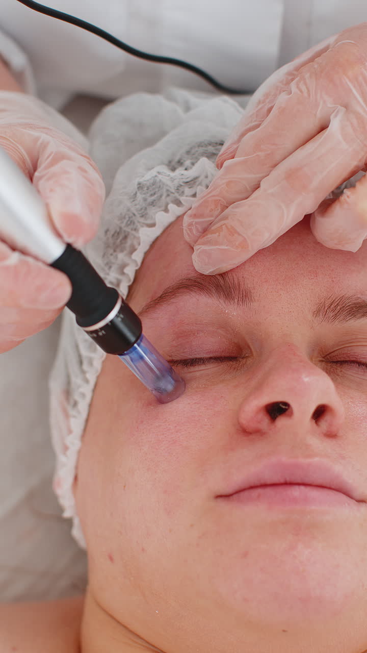 Cosmetologist doing peeling procedure, woman skin regeneration, dermapen microneedling, dermastamp