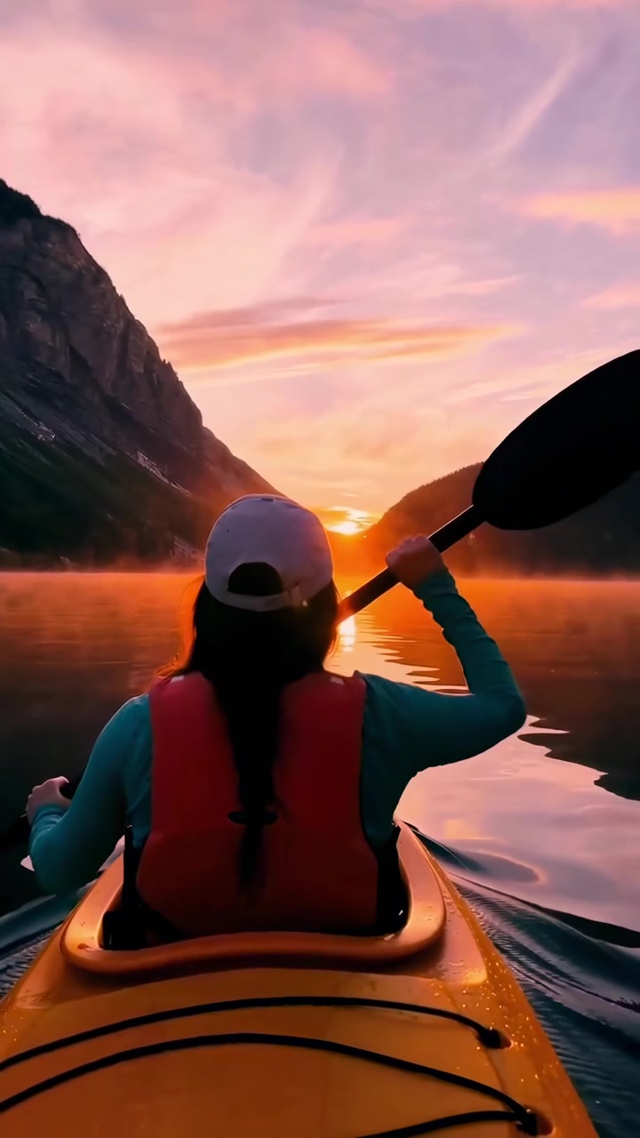 Donna in kayak su un lago di montagna calmo al tramonto