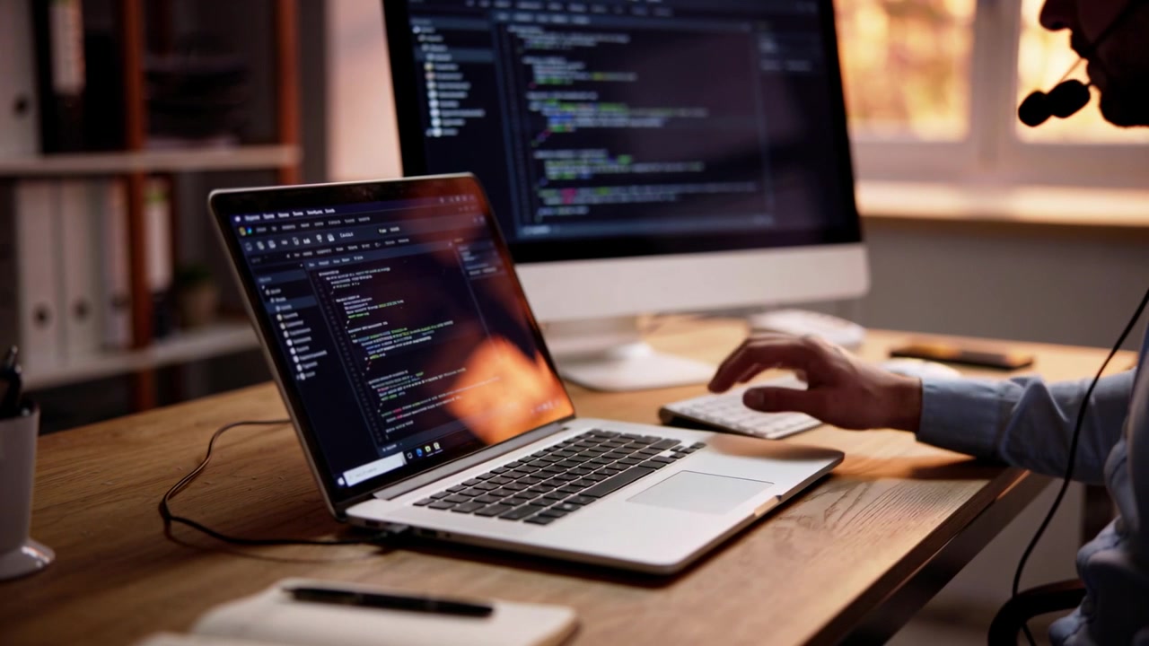 Reviewing code on dual screens, developer blue shirt headset alternating inputs at desk, copy space