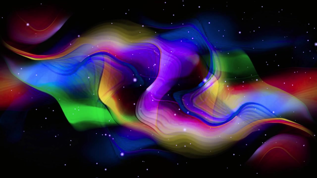 Forme fluide astratte e colorate che scorrono con particelle scintillanti su sfondo nero