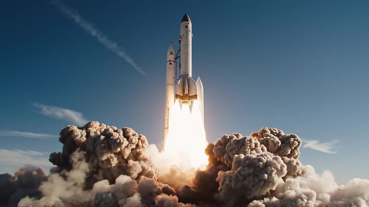 Powerful heavy-lift rocket launching with massive smoke plumes