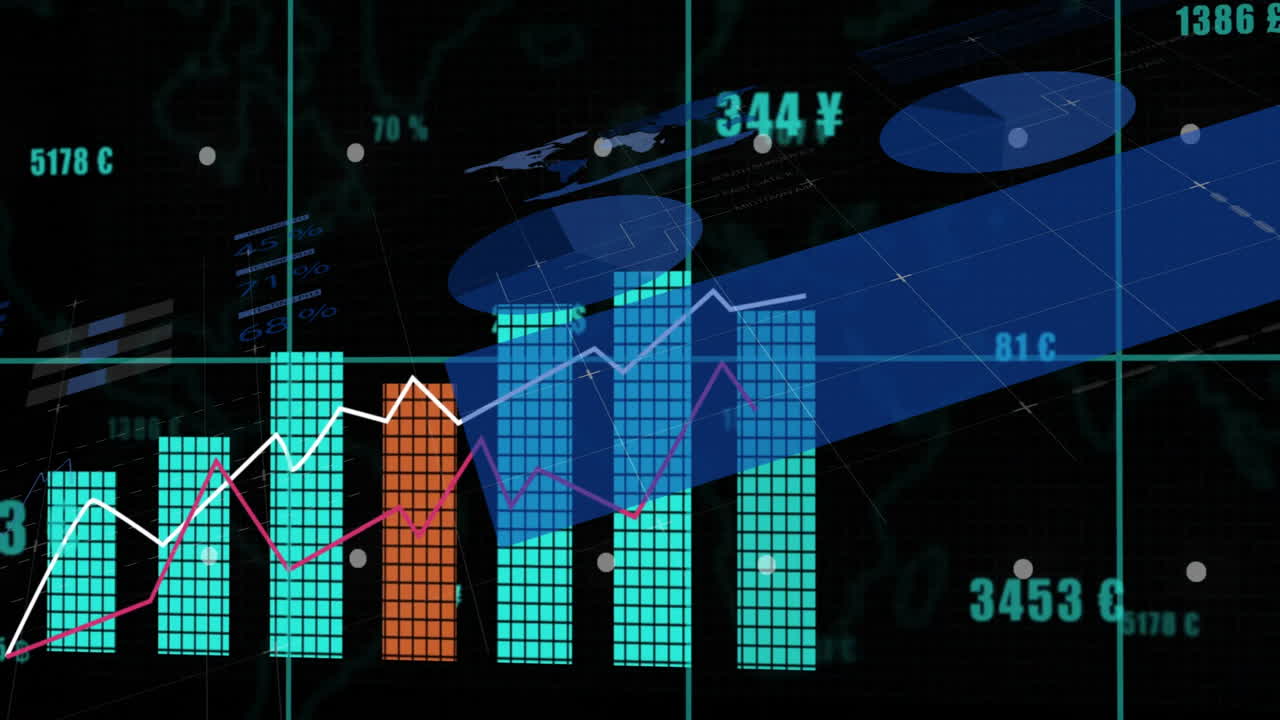 Analyzing financial data with currency symbols and digital animation overlay