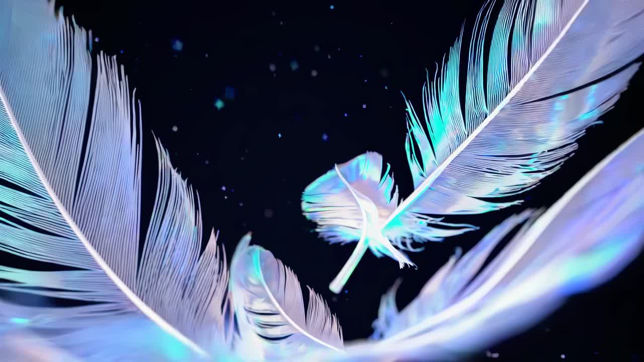 Close-up video of iridescent feathers floating against a dark background, captured from a low angle