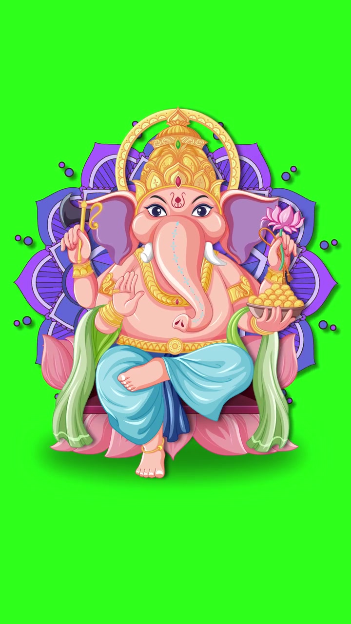 Animazione vettoriale 2D colorata del Signore Ganesha che appare su uno sfondo green screen.