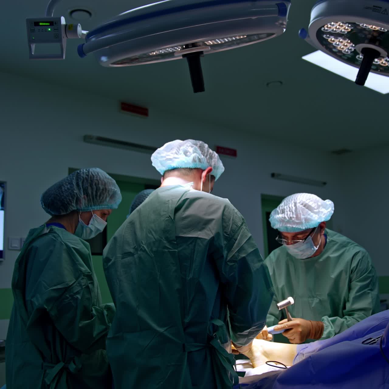 Group of male medics work in surgical room. One of the doctors uses short mallet and chisel. Orthopedic operation on foot