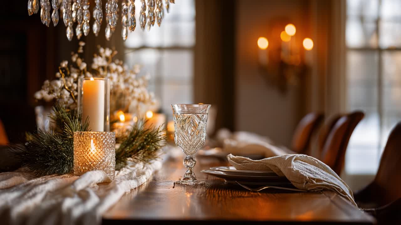 Elegant Dining Table Setting with Crystal Glassware, Candles, and Beautiful Floral Arrangements, Perfectly Decorated for a Cozy Gathering or Special Occasion