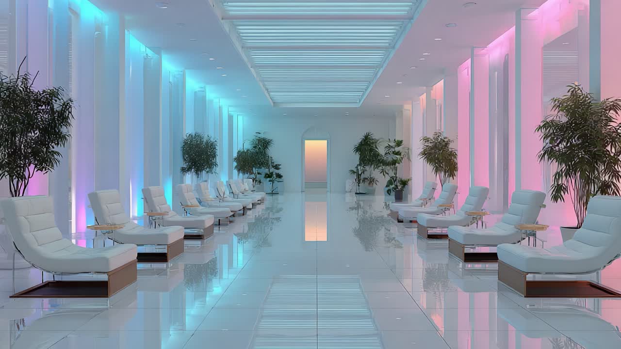 Serene Spa Ambiance: A Tranquil Retreat with Calming Lights and Stylish Loungers, Inviting Relaxation and Rejuvenation in a Contemporary Space