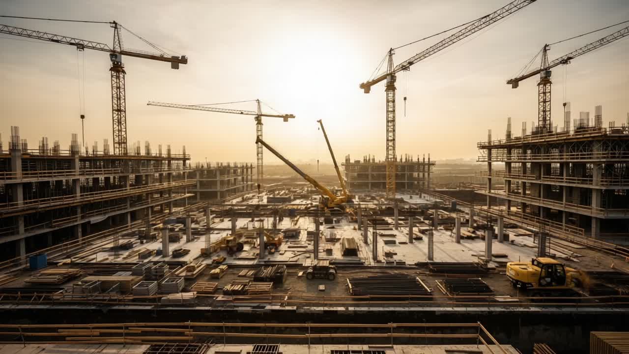 Construction Site Progress at Sunset: A Captivating View of High-Rise Buildings Under Development with Cranes at Work and a Beautiful Horizon