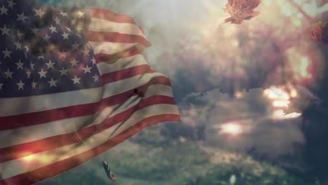 animation of autumn leaves falling over flag of usa