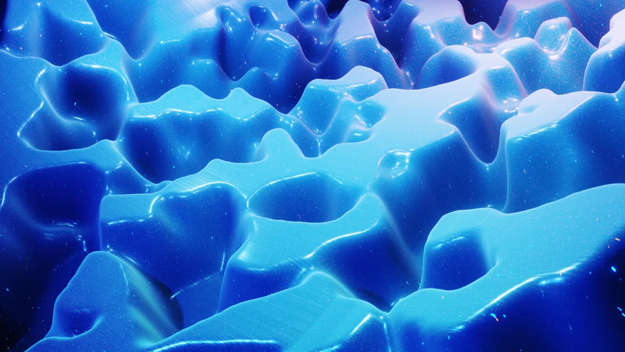 fantastical festive blue bg. Stylish abstract looped background, waves move on glossy surface like landscape made of liquid blue wax with sparkles. Beautiful soft background with smooth animation 4k