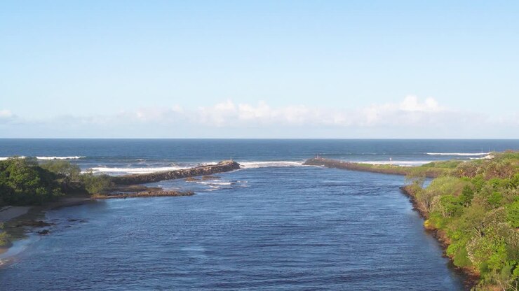 A tranquil river flows between lush greenery under clear skies, captured in steady daylight with a calm, peaceful atmosphere