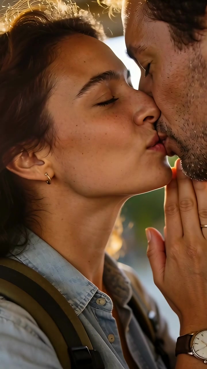 Video verticale: Donna sorridente che si avvicina per baciare un uomo al parco, mostrando affetto e gli spallacci dello zaino.
