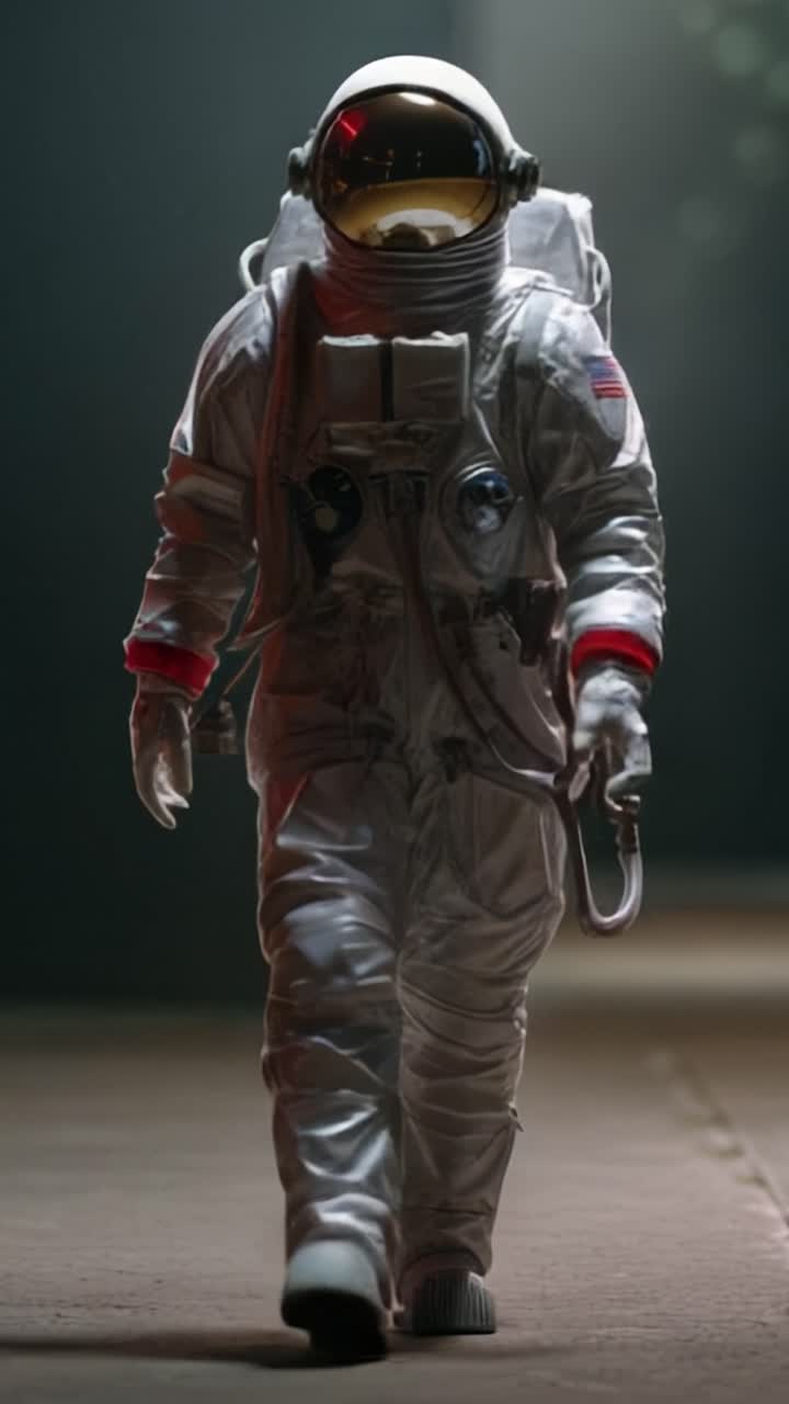 Seorang Astronot Berjalan di Lingkungan Remang-remang, Memamerkan Perlengkapan Antariksa Futuristik dengan Kontras Pencahayaan Kuat dan Nuansa Petualangan serta Eksplorasi