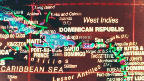 close-up of a map showing the caribbean, west indies, and surrounding countries