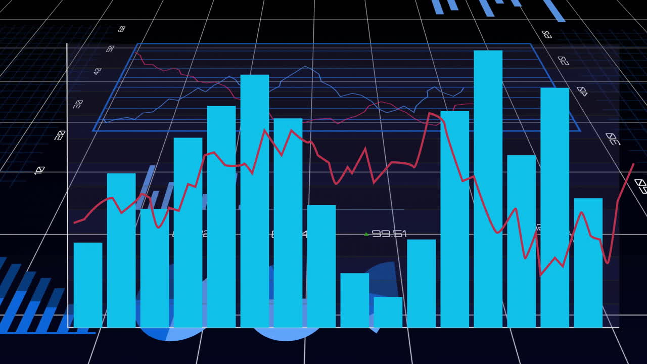 3D data dashboard presenting fluctuating cyan bar chart with jagged red trend line over dark grid