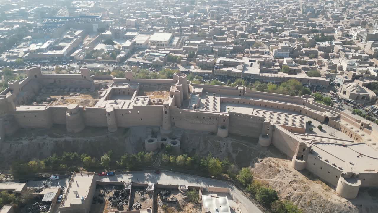 Aerial drone close up Herat Citadel Fortress and Great mosque of Herat , Afghanistan