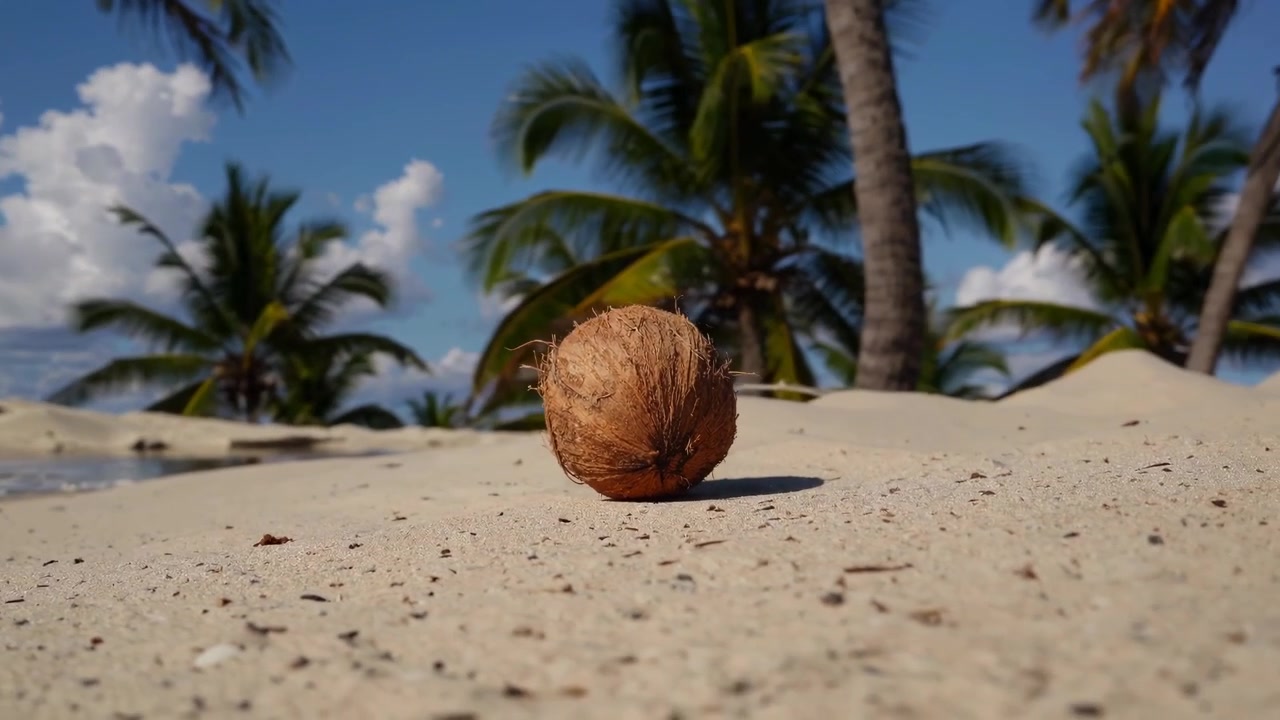Un cocco adagiato su una spiaggia di sabbia bianca con palme