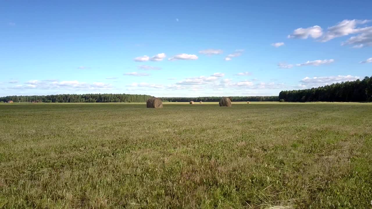 둥근 풀에서 수확 된 풀을 가로질러 돌아가는 움직임
