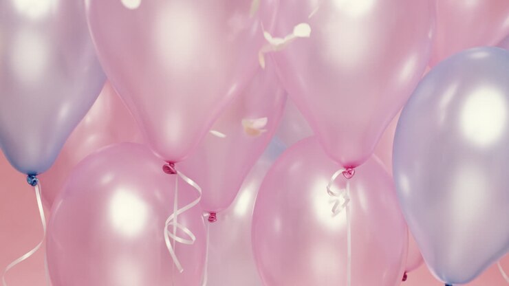Coriandoli che cadono al rallentatore, sfondo di palloncini rosa e blu - Red Epic Dragon