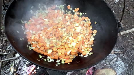 cooking delicious dinner in huge bowl pan in wilderness, slow motion view