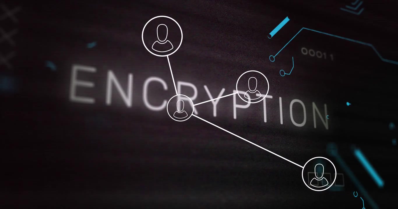 Animated Encryption Text and User Network on a Dark Digital Interface