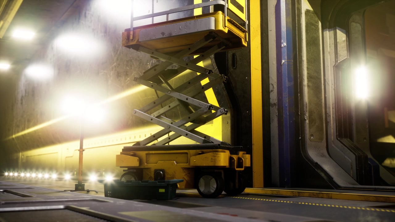 Industrial environment showcasing crane operation and safety markings