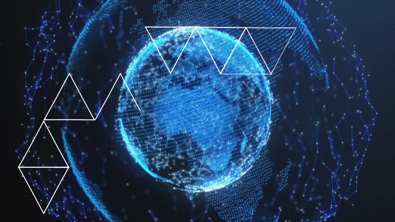 Rotating digital globe with triangular shapes and network connections animation