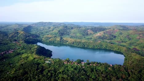 Aerial-View-Of-Luxury-Safari-Accommodation-Of-Ndali-Lodge-In-Kibale-Forest-National-Park-Near-Fort-Portal,-Uganda