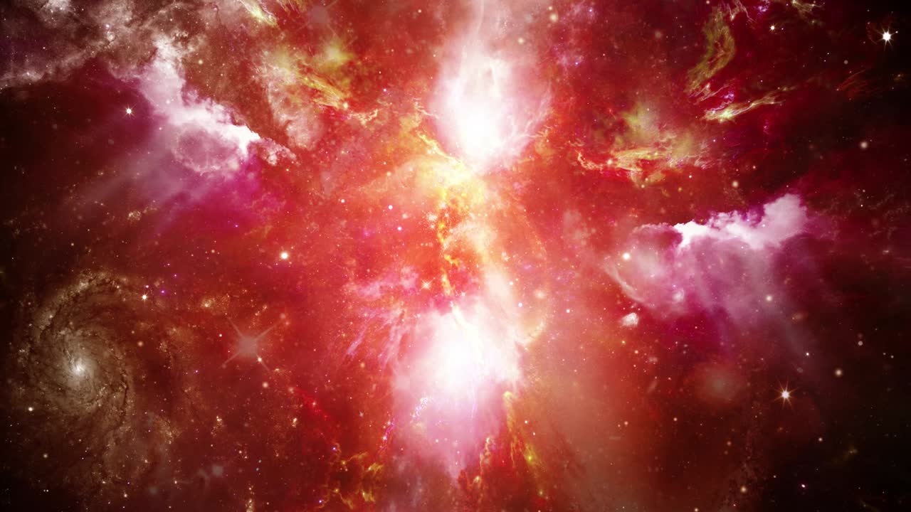 animación de bucle de volar a través de nubes y gas en nebulosas espaciales hacia la animación en bucle de luz roja brillante