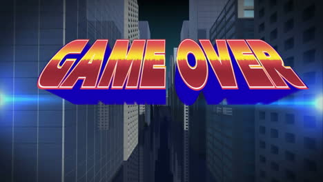 digital animation of game over text against blue light trails over 3d city model