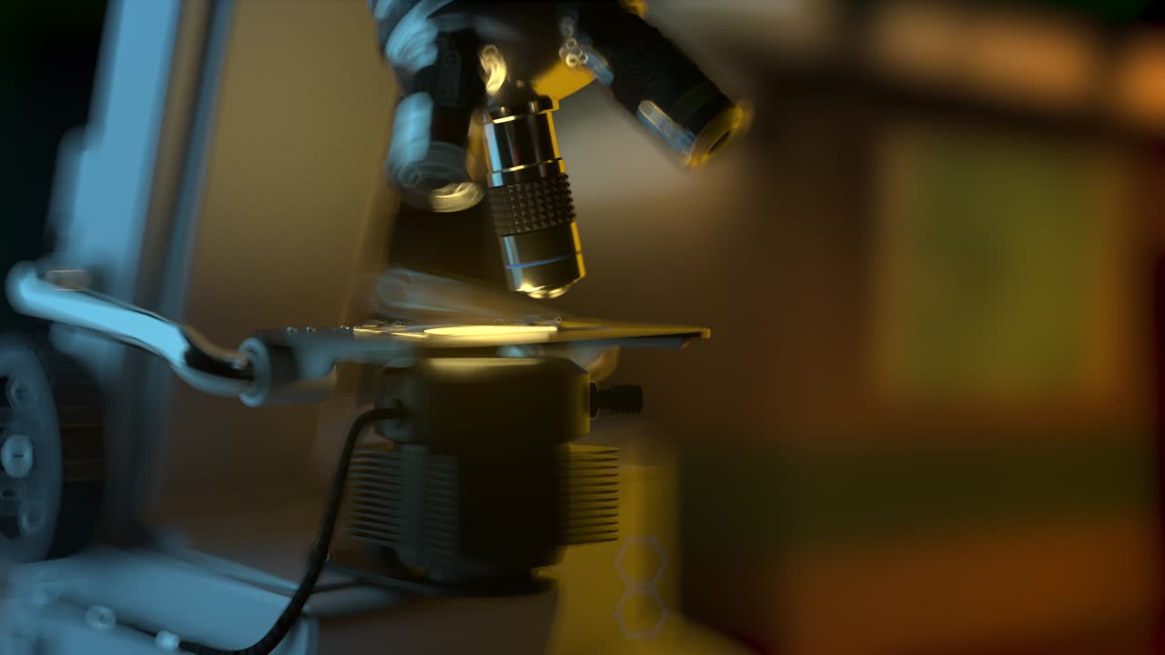 4k 60fps concepto de investigación científica - microscopio electrónico industrial en el trabajo aislado automáticamente en fondo oscuro, animación 3d uhd