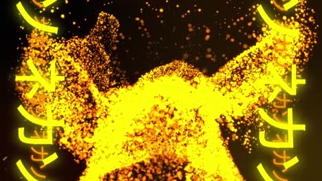 animation of yellow japanese text, over lava explosion on black background